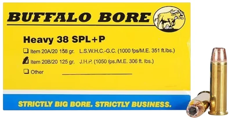 The Ultimate Firearm Destination in Louisiana - near Alexandria LA Buffalo Bore Ammunition 20B20 Heavy Strictly Business 38Special +P 125gr Jacket Hollow Point 20 Per Box/12 Case
